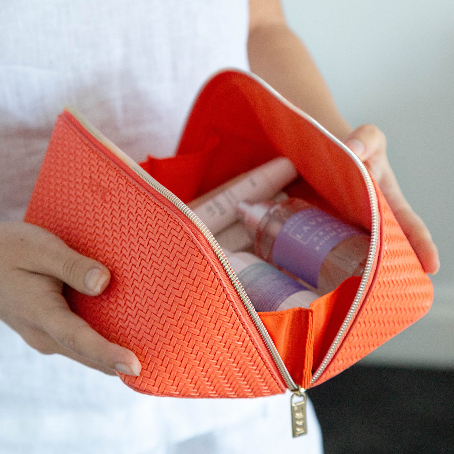 Large Beauty Bag - Herringbone Tangerine