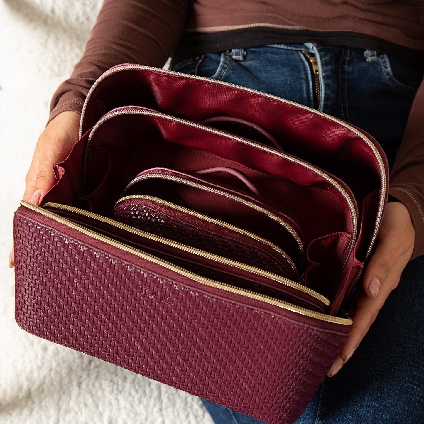 Medium Beauty Bag - Herringbone Plum